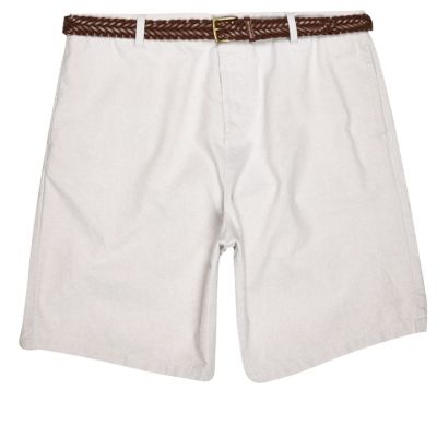 Grey slim fit belted Oxford shorts
